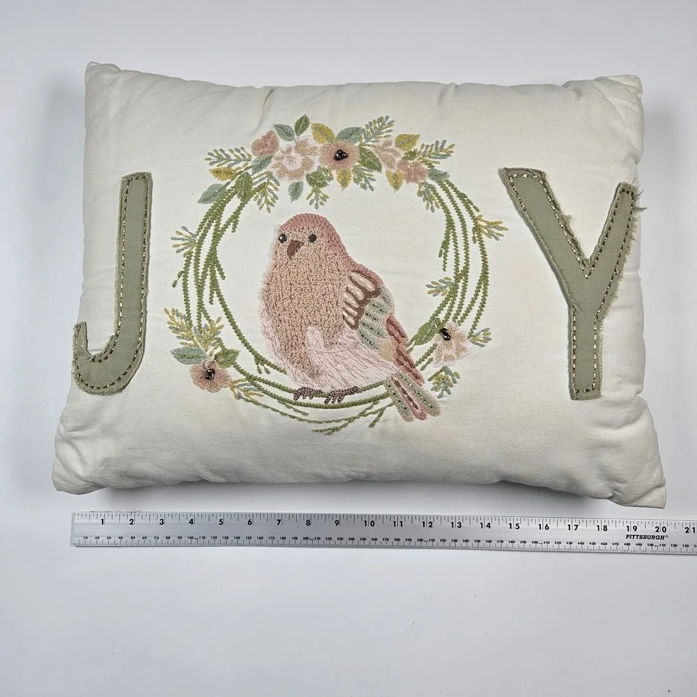 Pier 1‎ Imports Cushion Cover Pillow Embroidered JOY Pink Bird Zipper Christmas